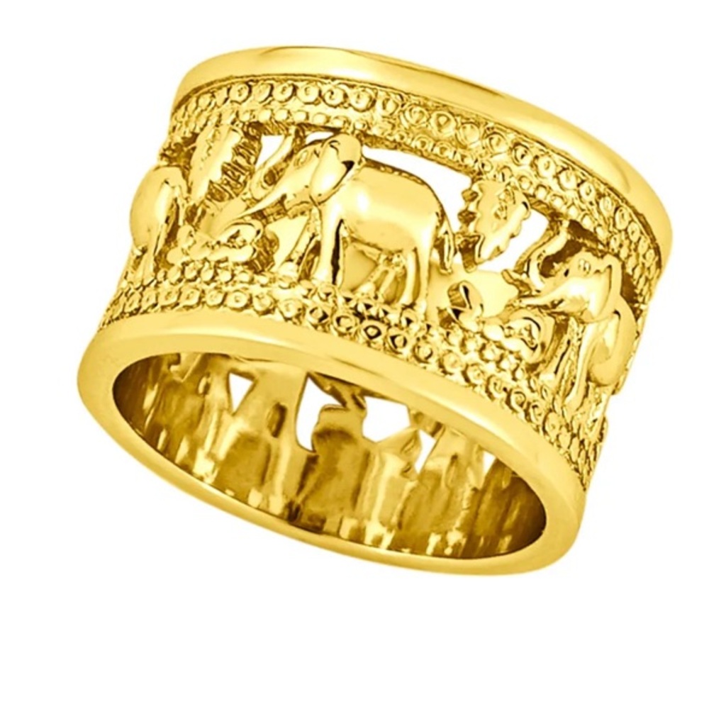 Gold Plated Elephant Ring (Size 6) Wide Open Work Style Intricate Animals